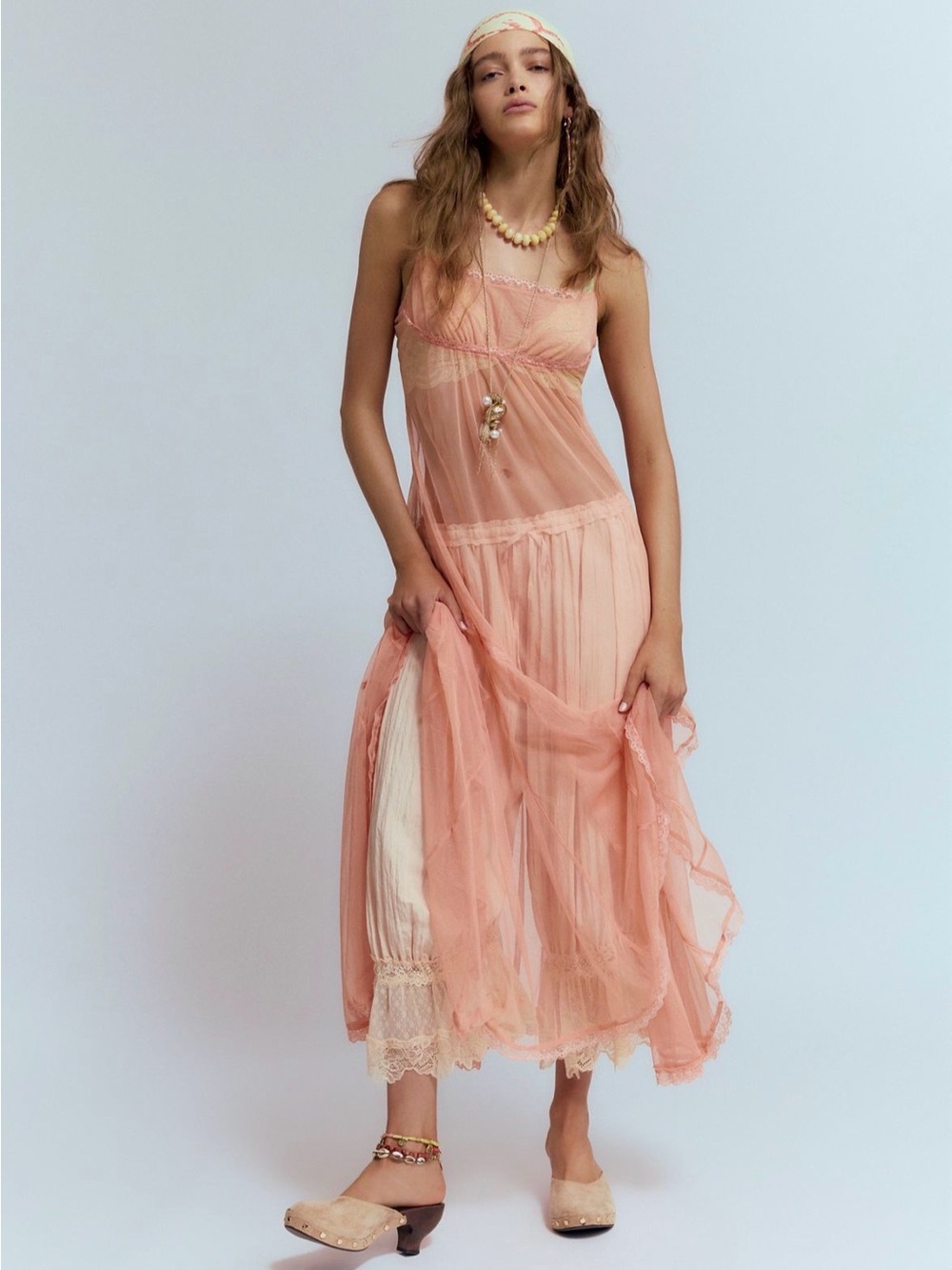 Free People Intimately Madeline Mesh Maxi Slip Dress Peach Lace Sheer NWT Size S